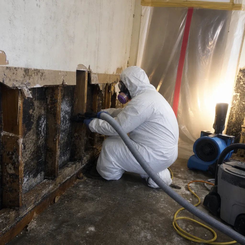 Professional in protective suit performing mold remediation on interior wall studs