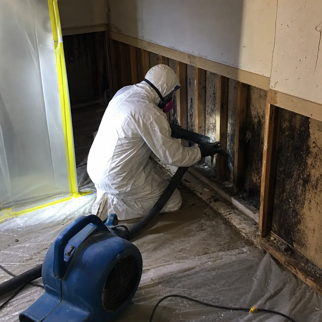 Technician in protective suit performing professional mold remediation on wall studs