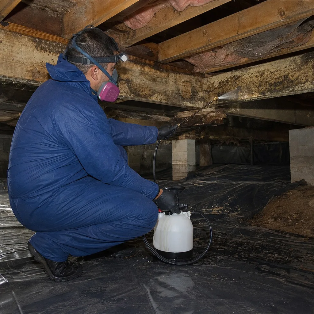 Technician in protective suit performing professional crawl space mold remediation