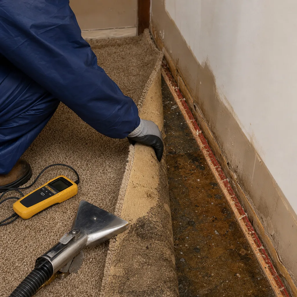 Water damage restoration technician inspecting wet carpet and flooring
