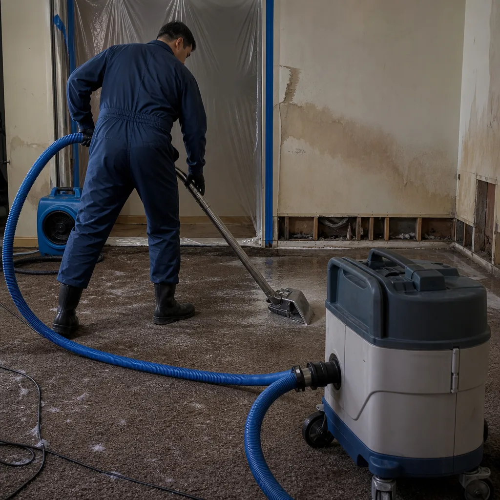 Professional technician performing water damage restoration on a flooded carpet